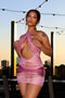 Noeline Mesh Print Lace Halter Mini Dress